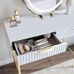 CARME HOME Maya White Dressing Table - Drawers with ribbed front finish & grey velvet lining - thumbnail 2