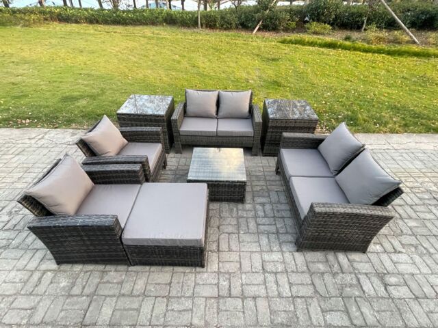 Fimous Rattan Garden Furniture Set Patio Outdoor Lounge Sofa Set with Square Coffee Table Double Seat Sofa Side Tables in Dark Grey