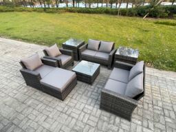 Fimous Rattan Garden Furniture Set Patio Outdoor Lounge Sofa Set with Square Coffee Table Double Seat Sofa Side Tables in Dark Grey - thumbnail 2