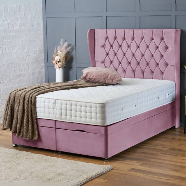 "BSSPOKE Amelia Ottoman Divan Bed Plush Velvet 54"" Headboard & Mattress in Pink - Size: King" - image 1
