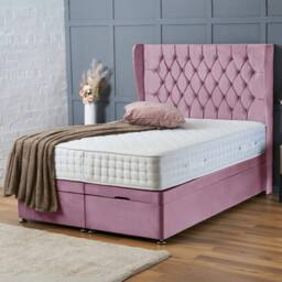 "BSSPOKE Amelia Ottoman Divan Bed Plush Velvet 54"" Headboard & Mattress in Pink - Size: King"