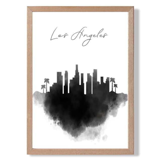 ARTZE Los Angeles Watercolour Skyline City Framed Print SIZE: A2 with Oak Frame in Black - Size: A4 - image 1