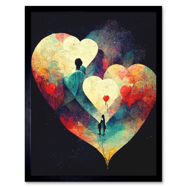 "Artery8 Wall Art Print Abstract Love Hearts Night Sky Painting Modern Art Framed in Black - Size: W12"" x H16""" - image 1