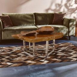 Orsina Teak Wood Coffee Table, Rustic Center Table With Natural Edges, Metallic Table With Sleek Legs, Kitchen Table in Silver