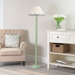ValueLights Bobbins Sage Green Floor Lamp with Tapered Natural Linen Scallop Shade in Pale Blue - thumbnail 5