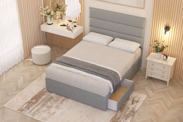 Somnior Chambery Linen Fabric Hybrid Pocket Sprung Orthopaedic Divan Bed Set with 2 Drawers & Upholstered Headboard in Light Grey - Size: Double - image 1