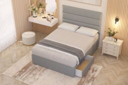 Somnior Chambery Linen Fabric Hybrid Pocket Sprung Orthopaedic Divan Bed Set with 2 Drawers & Upholstered Headboard in Light Grey - Size: Double - thumbnail 1