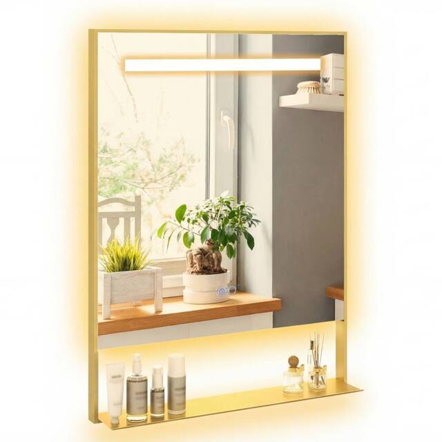 Gymax 80 x 60 cm Bathroom Mirror Aluminum Vanity Mirror With LED & Shelf in Gold - image 1