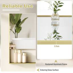 Gymax 80 x 60 cm Bathroom Mirror Aluminum Vanity Mirror With LED & Shelf in Gold - thumbnail 5