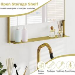 Gymax 80 x 60 cm Bathroom Mirror Aluminum Vanity Mirror With LED & Shelf in Gold - thumbnail 7