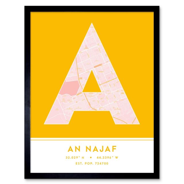 "Wee Blue Coo Wall Art Print An Najaf Iraq City Map Modern Typography Stylish Letter Framed Word in Yellow - Size: W12"" x H16"""
