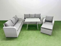 Fimous 7 Pieces Outdoor PE Rattan Garden Furniture with 2 Side Tables Stool in Light Grey - thumbnail 1