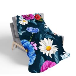 Warren Reed - Designer Poppy Flowers With Chamomile Sherpa Blanket in Blue - Size: Large - thumbnail 2