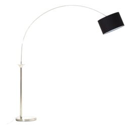 Orsina Nickel Finish Floor Lamp, Arched Metal Frame with Black Shade, Modern Tall Standing Lamp for Living Room