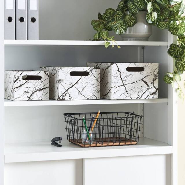 Wyld and Coco Set of 3 White Faux Leather Marble-Effect Storage Baskets - image 1