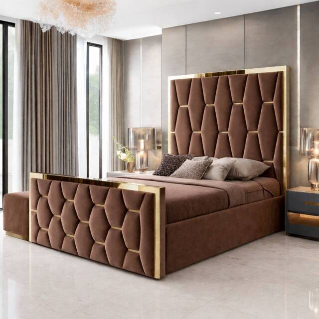 PARADISE BEDS LTD Upholstered Modern Platform Bed Frame With Mirror Designed Headboard in Brown - Size: Super King - image 1