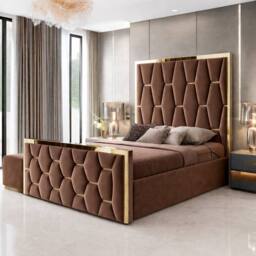 PARADISE BEDS LTD Upholstered Modern Platform Bed Frame With Mirror Designed Headboard in Brown - Size: Super King - thumbnail 1