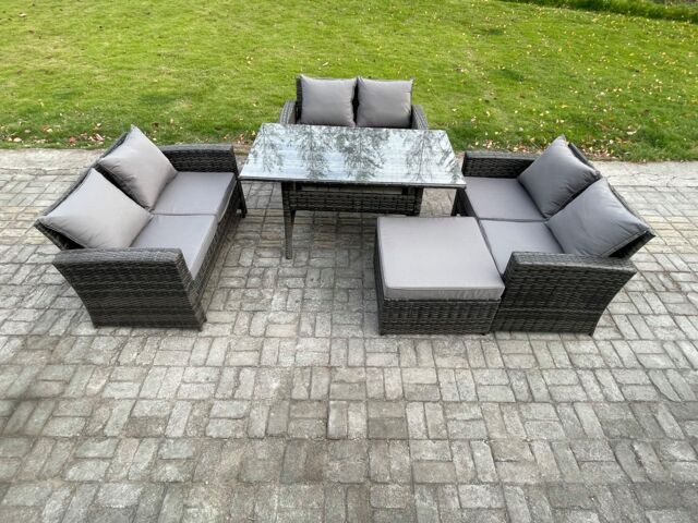 Fimous 7 Seater Rattan Wicker Garden Furniture Patio Conservatory Sofa Set Indoor Outdoor with Dining Table Double Seat Sofa in Dark Grey - image 1