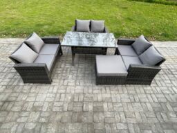 Fimous 7 Seater Rattan Wicker Garden Furniture Patio Conservatory Sofa Set Indoor Outdoor with Dining Table Double Seat Sofa in Dark Grey - thumbnail 1