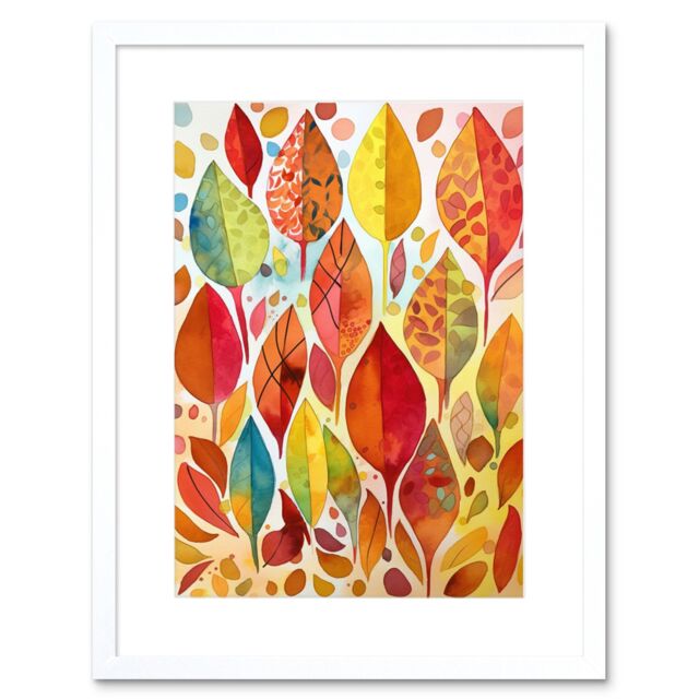 "Artery8 Wall Art Print Autumn Leaves With Multicoloured Patterns Folk Art Watercolour Painting Artwork Framed 9X7 Inch in White - Size: W7"" x H9""" - image 1