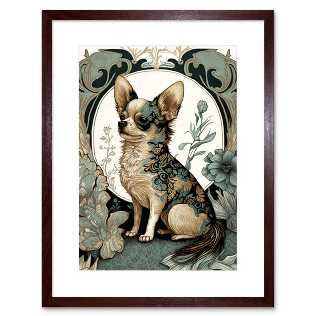 "Artery8 Wall Art Print Chihuahua Dog With Floral Pattern Fur Coat Modern Art Nouveau Portrait Artwork Framed 9X7 Inch in Brown - Size: W7"" x H9""" - image 1