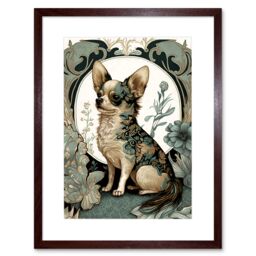 "Artery8 Wall Art Print Chihuahua Dog With Floral Pattern Fur Coat Modern Art Nouveau Portrait Artwork Framed 9X7 Inch in Brown - Size: W7"" x H9""" - thumbnail 1