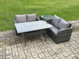 Fimous 4 Seater Rattan Outdoor Garden Furniture Set Rectangular Dining Table & Loveseat Sofa Set With Side Table in Dark Grey - thumbnail 2