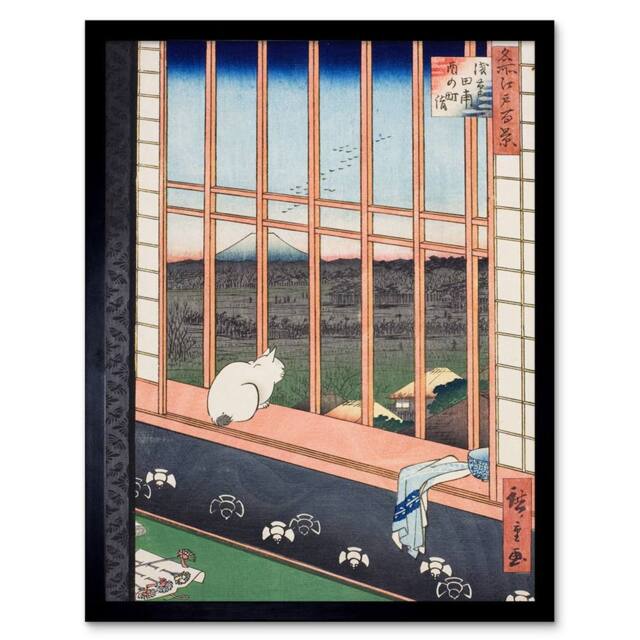 "Artery8 Hiroshige Asakusa Fields 100 Views Edo Cat Japanese Framed Art Print - Size: W12"" x H16""" - image 1