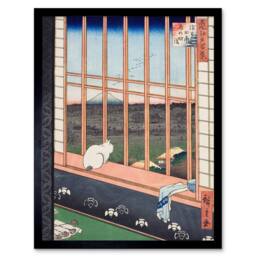 "Artery8 Hiroshige Asakusa Fields 100 Views Edo Cat Japanese Framed Art Print - Size: W12"" x H16""" - thumbnail 1