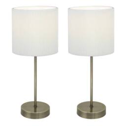 First Choice Lighting Set of 2 Antique Brass Stick Table Lamp with White Micropleat Shade in Bronze