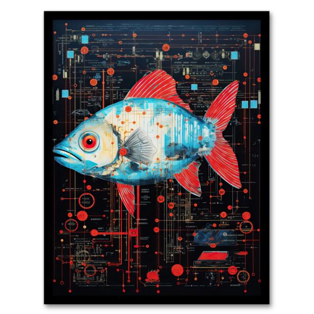 Artery8 Wall Art Print Gods Blue Fish Unclassified Creation Files Robot Hybrid Secret Military Schematic Futuristic Arcane Manuscript Gift For Him - image 1