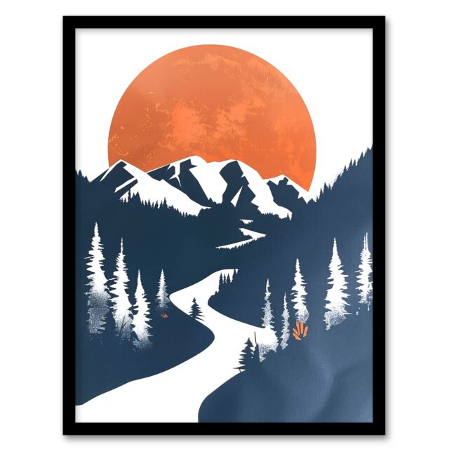 Artery8 Orange Full Moon Over Blue Mountain Hiking Trail Framed Wall Art - Size: A4 - image 1