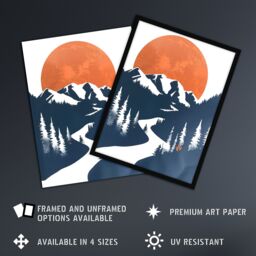 Artery8 Orange Full Moon Over Blue Mountain Hiking Trail Framed Wall Art - Size: A4 - thumbnail 2