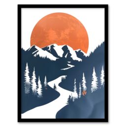 Artery8 Orange Full Moon Over Blue Mountain Hiking Trail Framed Wall Art - Size: A4 - thumbnail 1