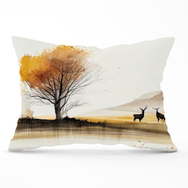 Warren Reed - Designer Autumn Landscape Stag Watercolour Cushions in Brown - Size: 45 cm x 45 cm - image 1