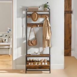 Pirlo Plush Industrial Coat Rack Stand With Shoe Storage Hallway Furniture in Brown - thumbnail 4
