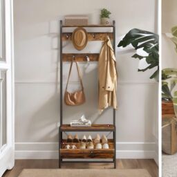 Pirlo Plush Industrial Coat Rack Stand With Shoe Storage Hallway Furniture in Brown - thumbnail 5