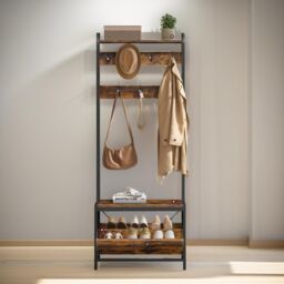 Pirlo Plush Industrial Coat Rack Stand With Shoe Storage Hallway Furniture in Brown - thumbnail 3