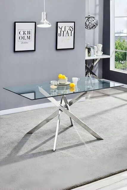 Living and Home 70cmD Stylish Tempered Glass Coffee Table Rectangular Dining Table with Chrome Cross Legs in Clear