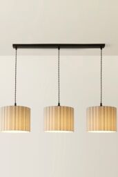 ValueLights Hallie Linen Stripe Drum Shade 3 Way Black Diner Ceiling Pendant Light in Natural - thumbnail 3