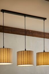 ValueLights Hallie Linen Stripe Drum Shade 3 Way Black Diner Ceiling Pendant Light in Natural