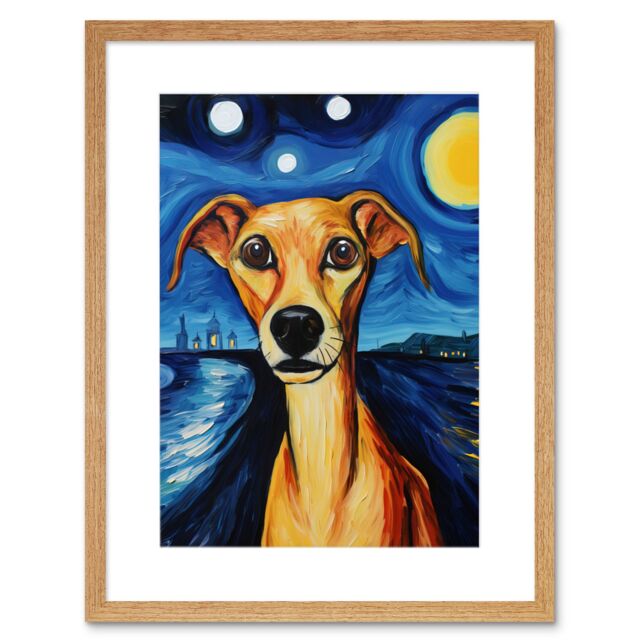 "Artery8 Wall Art Print Van Goghs Dog Artwork Night Scene Full Moon Blue Brown Yellow Oil Painting Artwork Framed 9X7 Inch in Beige - Size: W7"" x H9""" - image 1