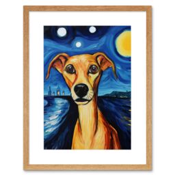 "Artery8 Wall Art Print Van Goghs Dog Artwork Night Scene Full Moon Blue Brown Yellow Oil Painting Artwork Framed 9X7 Inch in Beige - Size: W7"" x H9""" - thumbnail 1