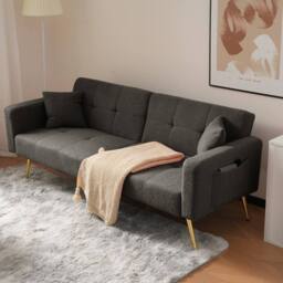 BTM Sofa Bed, 3 Adjustable Angles, Gold Legs, Cushions, Storage Pockets in Grey - Size: A - thumbnail 8