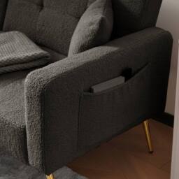BTM Sofa Bed, 3 Adjustable Angles, Gold Legs, Cushions, Storage Pockets in Grey - Size: A - thumbnail 4
