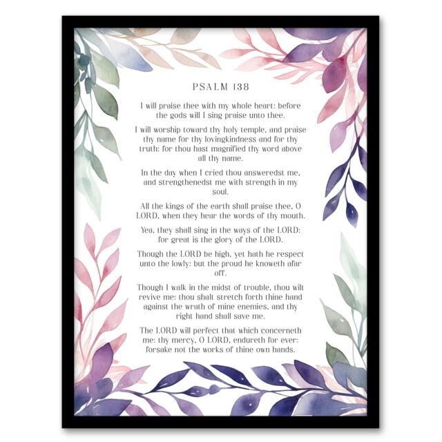 "Artery8 Wall Art Print Psalm 138 I Will Praise Thee Old Testament Bible Quote Framed in Purple - Size: W12"" x H16""" - image 1