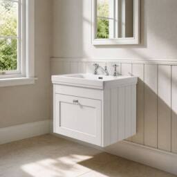 Balterley 600mm Wall Hung 1 Drawer Unit & Classic Basin 3 Tap Hole - Satin White - thumbnail 4