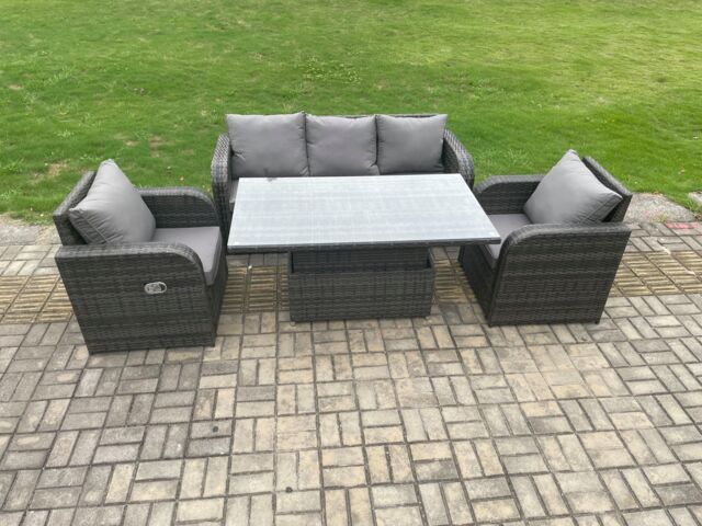 Fimous Rattan Outdoor Garden Furniture Sets Height Adjustable Rising lifting Dining Table Lounge Sofa Set With Reclining Chair Dark Grey Mixed - image 1
