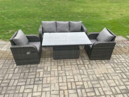 Fimous Rattan Outdoor Garden Furniture Sets Height Adjustable Rising lifting Dining Table Lounge Sofa Set With Reclining Chair Dark Grey Mixed - thumbnail 1
