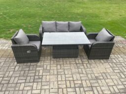 Fimous Rattan Outdoor Garden Furniture Sets Height Adjustable Rising lifting Dining Table Lounge Sofa Set With Reclining Chair Dark Grey Mixed - thumbnail 2